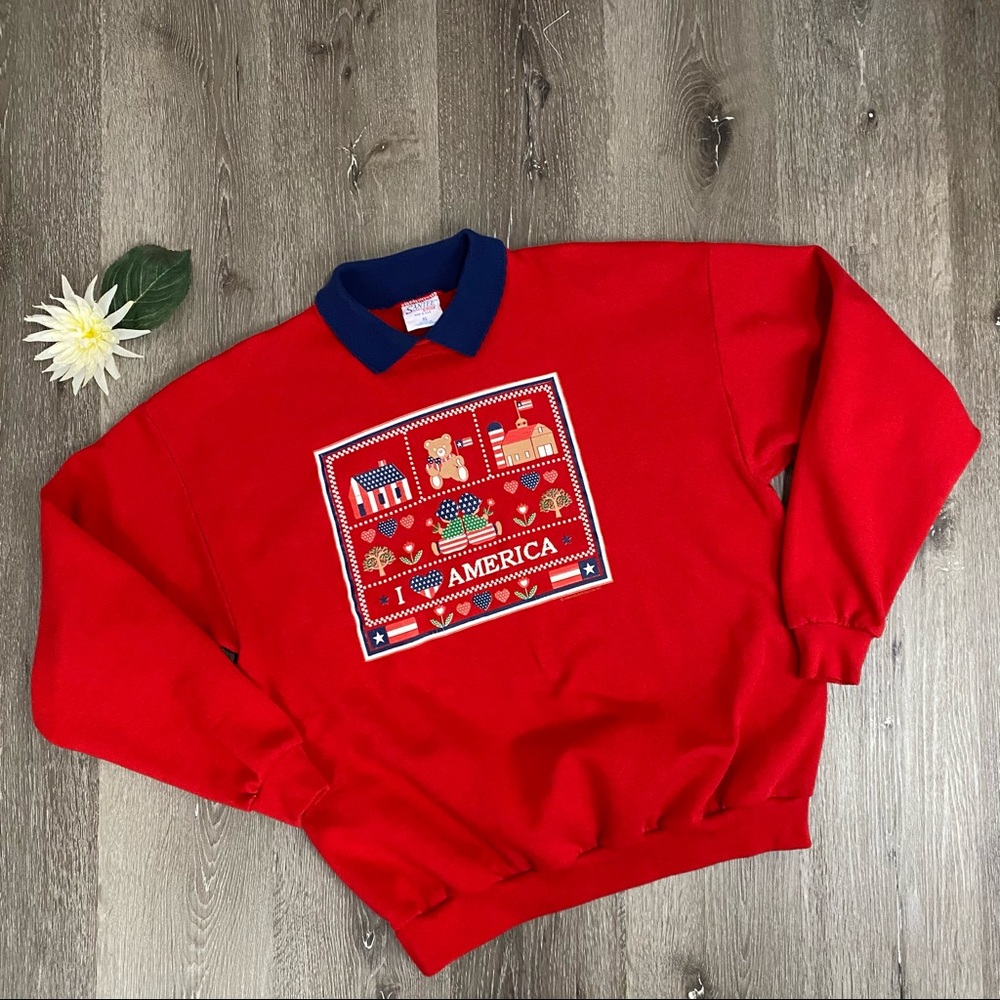 Vintage 90s Red Collared Patriotic Graphic USA Sweatshirt